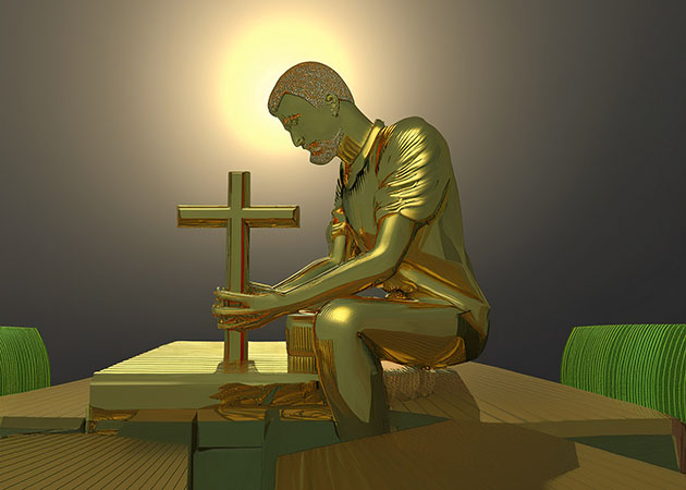 Golden man holding golden cross in golden light reflection