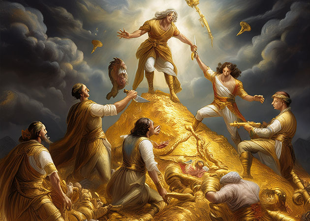 Man defending riches from thievery, standing atop gold treasure mountain with five different men struggling with him