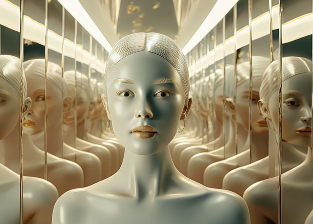 Mannequin woman reflected in many mirrors
