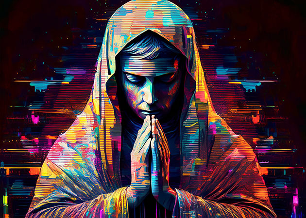 Praying man with stuttering lines